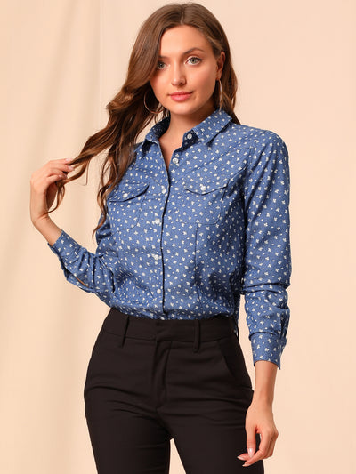 Button Down Long Sleeve Point Collar Chambray Poplin Shirt