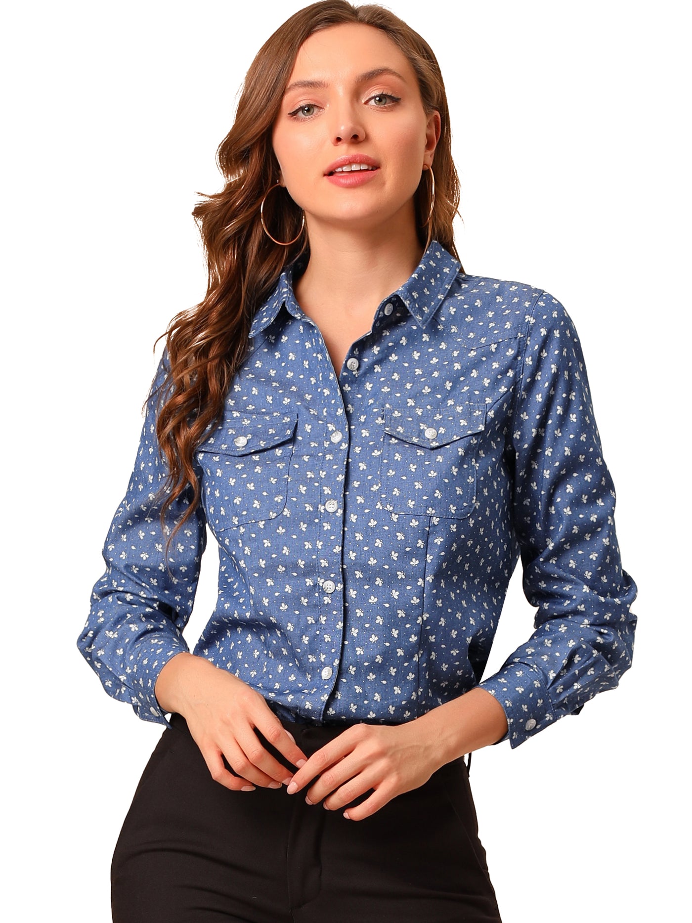 Allegra K Button Down Long Sleeve Point Collar Chambray Poplin Shirt