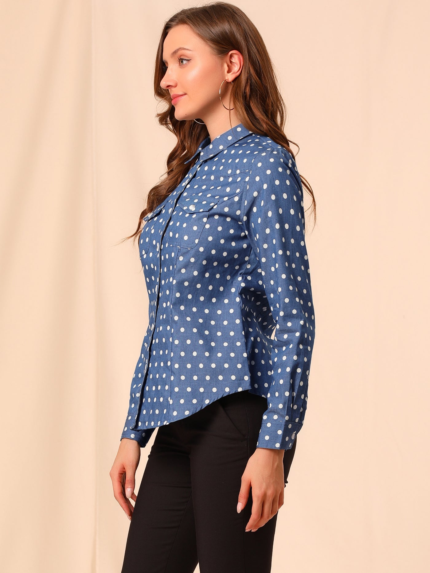 Allegra K Button Down Long Sleeve Point Collar Chambray Poplin Shirt