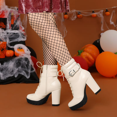 Lace Up Belt Decor Platform Block Heel Combat Ankle Boots