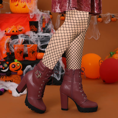 Lace Up Belt Decor Platform Block Heel Combat Ankle Boots