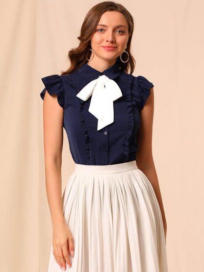 Ruffle Cap Sleeve Tie Neck Button Up Peter Pan Collar Blouse