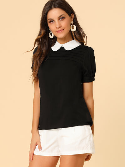 Pleated Contrast Peter Pan Collar Puff Short Sleeve Blouse