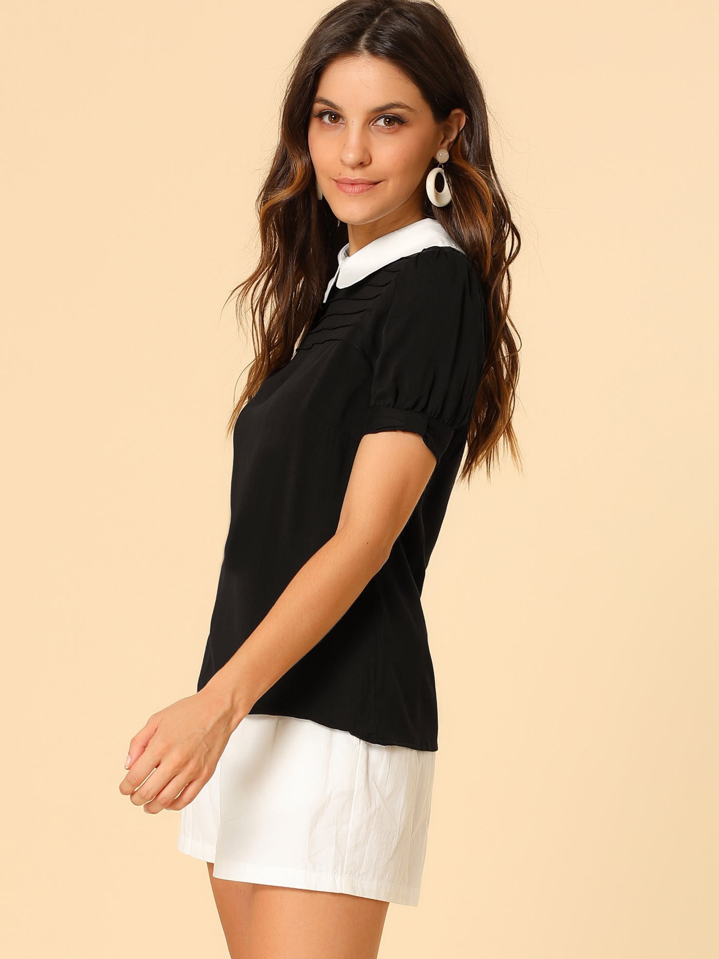 Allegra K Pleated Contrast Peter Pan Collar Puff Short Sleeve Blouse