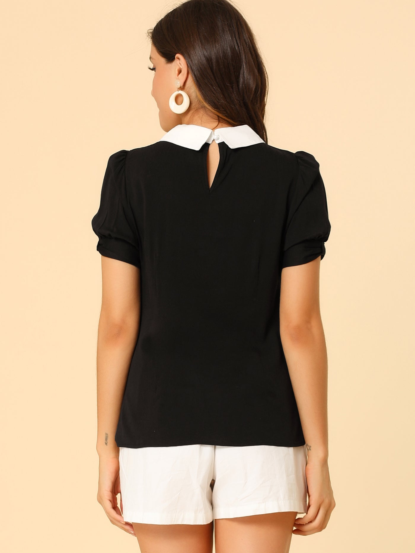 Allegra K Pleated Contrast Peter Pan Collar Puff Short Sleeve Blouse