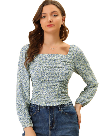 Floral Ruched Square Neck Blouse Smocked Top