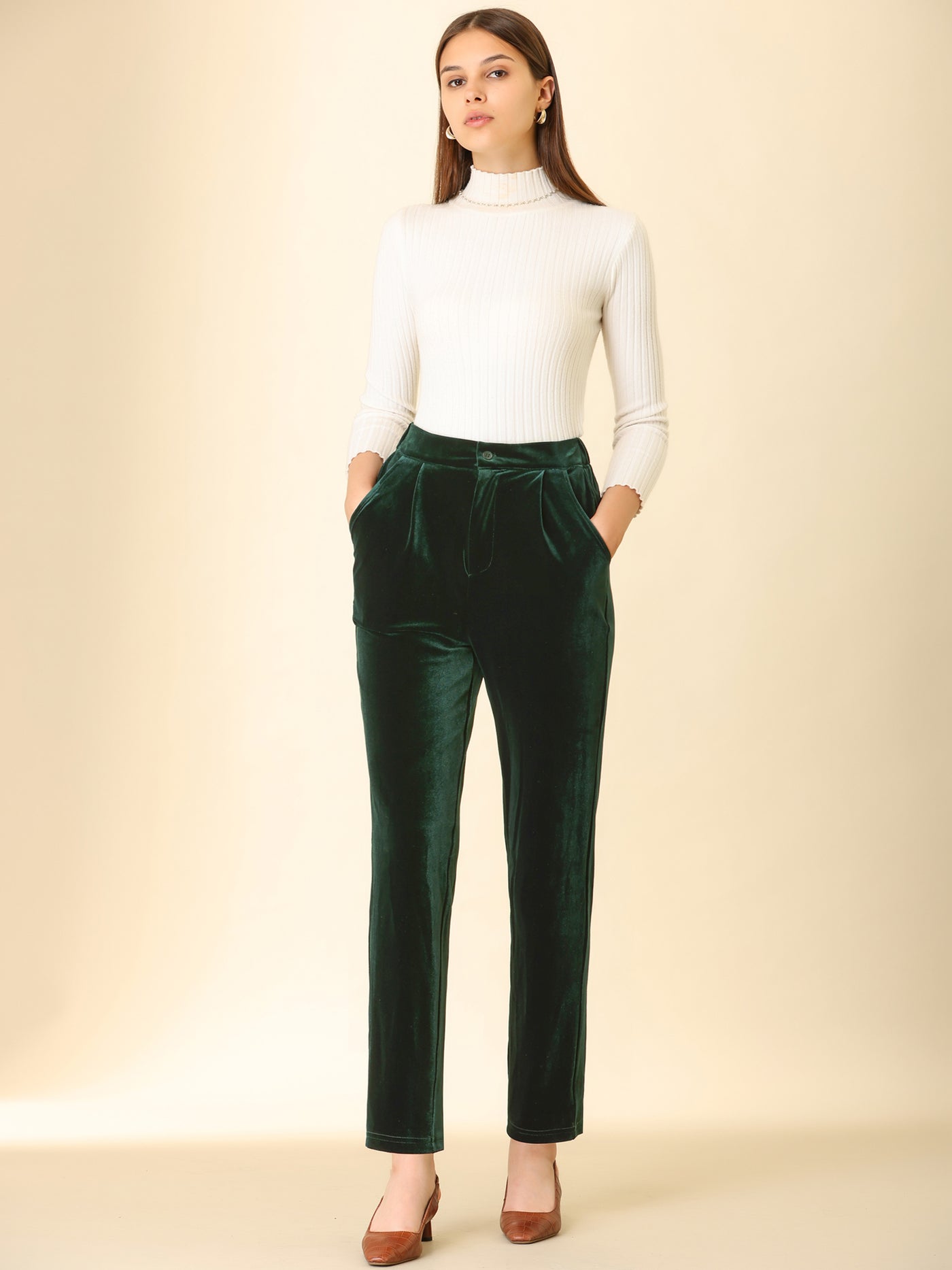 Allegra K Elegant Straight Leg Velvet High Waist Ankle Pants