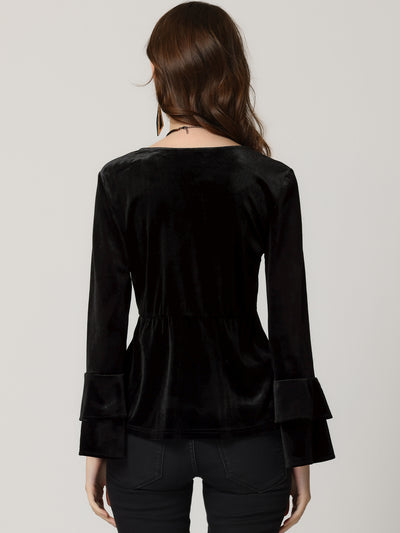 V Neck Velvet Blouse Flare Long Sleeve Peplum Top