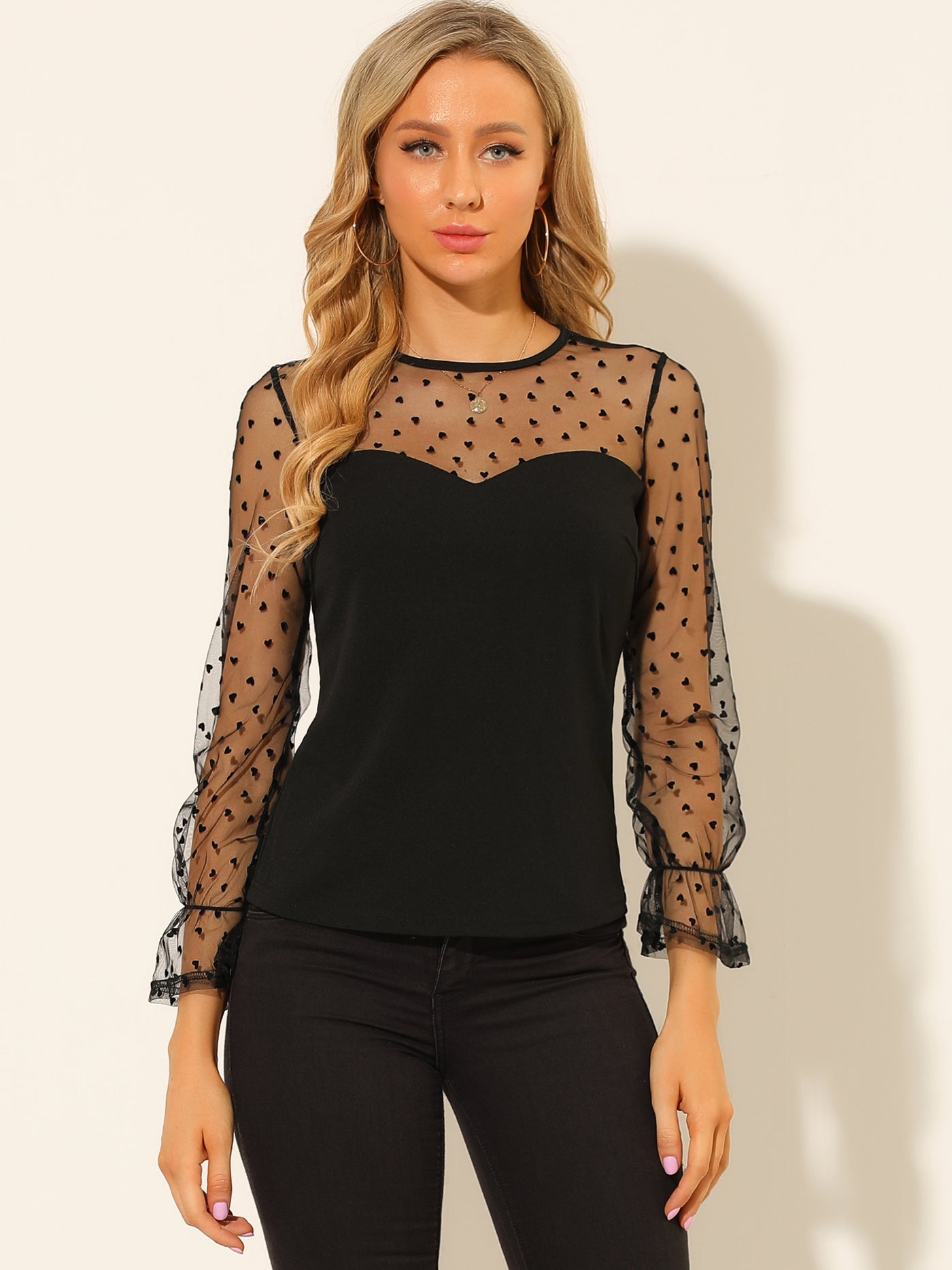 Allegra K Lace Round Neck Heart Dots Sheer Blouse Long Mesh Sleeve Top