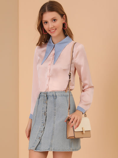 Long Sleeve Contrast Color Collared Button Down Satin Shirt Blouse