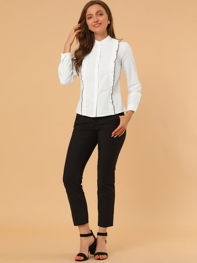 Women's Ruffle Front Shirts Long Sleeve Stand Collar Button Down Fitted Work Office Tops