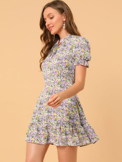 Summer Chiffon Tie Neck Puff Short Sleeve Floral Ruffle Smock Dress