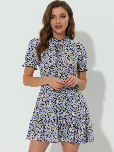 Summer Chiffon Tie Neck Puff Short Sleeve Floral Ruffle Smock Dress