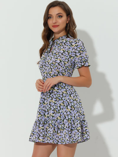 Summer Chiffon Tie Neck Puff Short Sleeve Floral Ruffle Smock Dress