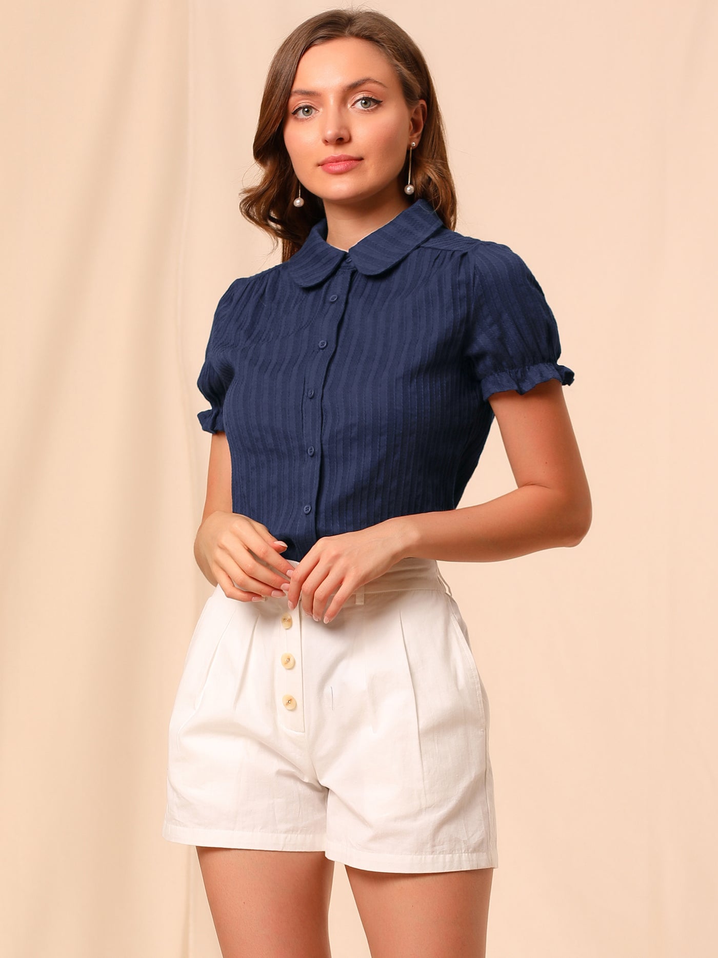 Allegra K Cotton Frilled Top Turndown Collar Solid Blouse Shirt