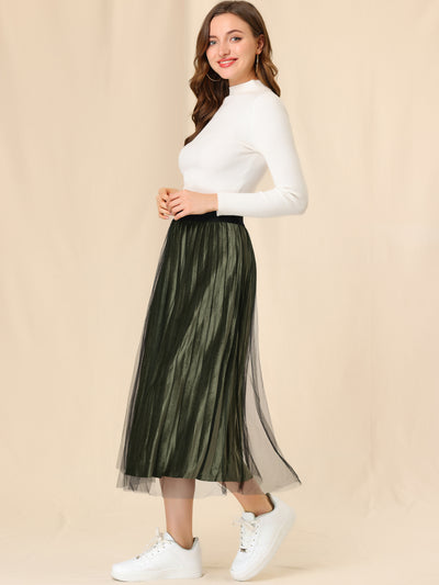 Mesh Accordion Pleated Elastic Waist Midi Tulle Velvet Skirt