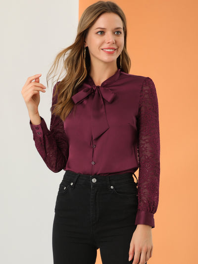 Elegant Tie Neck Office Long Sleeve Lace Satin Blouse Shirt