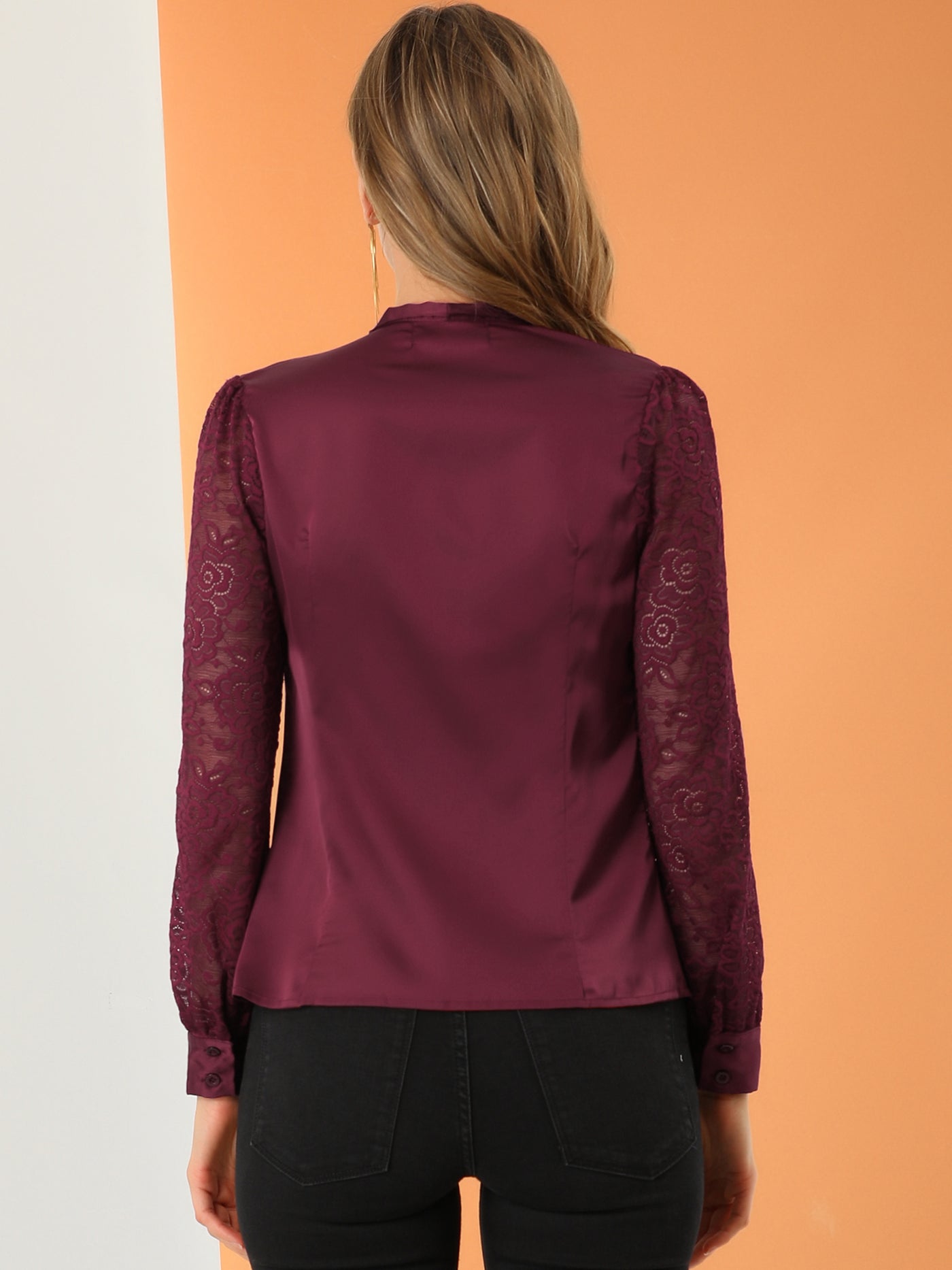 Allegra K Elegant Tie Neck Office Long Sleeve Lace Satin Blouse Shirt