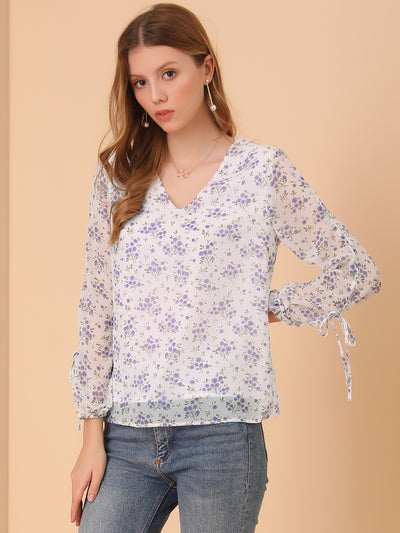 Floral Semi-Sheer V Neck Tie Cuff Tops Elegant Chiffon Blouse