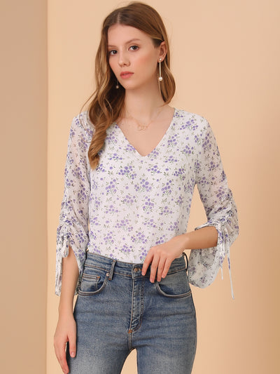 Floral Semi-Sheer V Neck Tie Cuff Tops Elegant Chiffon Blouse