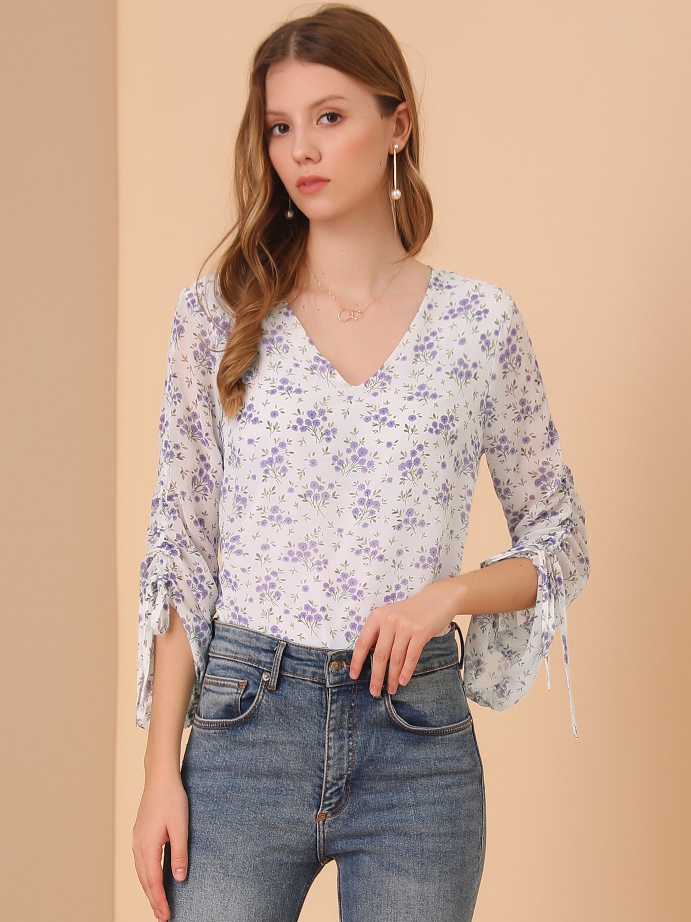 Allegra K Floral Semi-Sheer V Neck Tie Cuff Tops Elegant Chiffon Blouse