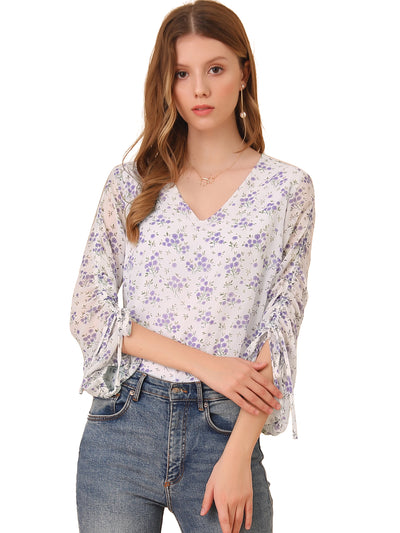 Floral Semi-Sheer V Neck Tie Cuff Tops Elegant Chiffon Blouse