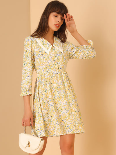 Floral Half Placket 3/4 Sleeve Contrast Collar Chiffon Dress