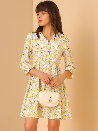 Floral Half Placket 3/4 Sleeve Contrast Collar Chiffon Dress