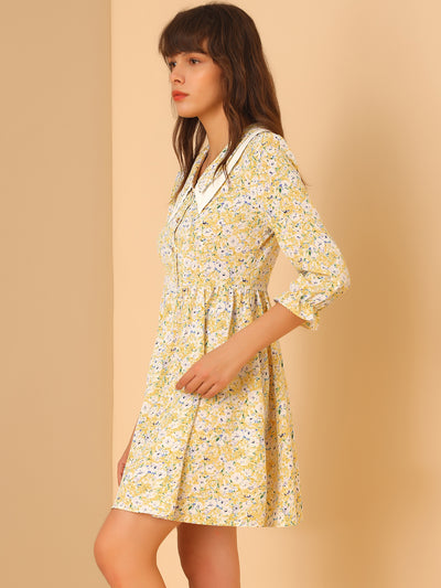 Floral Half Placket 3/4 Sleeve Contrast Collar Chiffon Dress