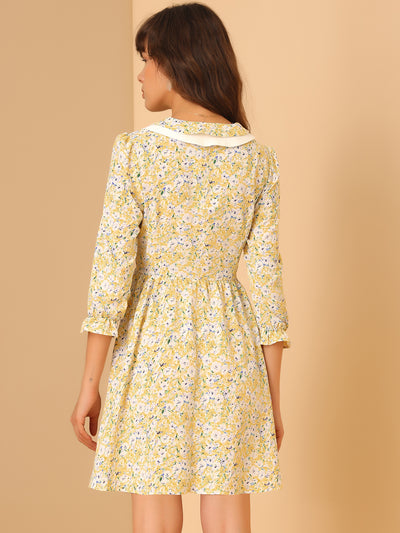 Floral Half Placket 3/4 Sleeve Contrast Collar Chiffon Dress