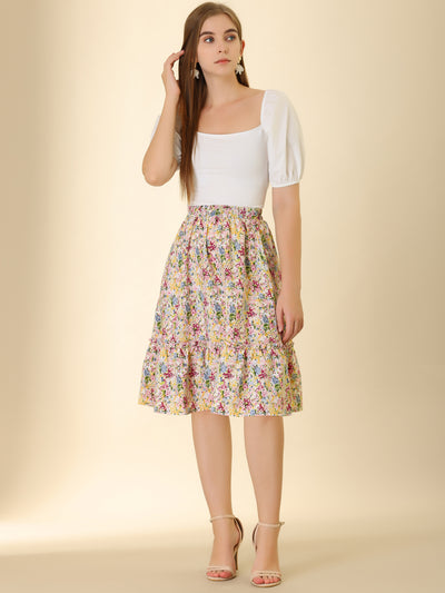 Ruffle Hem Elastic Waist Flowy A-Line Swing Floral Midi Skirt