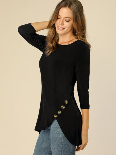 3/4 Sleeve Round Neck Button Decor Casual Stretchy Tunic Tops