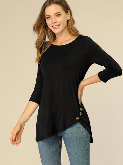 3/4 Sleeve Round Neck Button Decor Casual Stretchy Tunic Tops