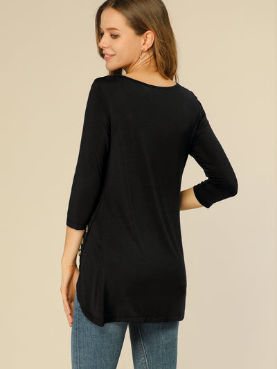 3/4 Sleeve Round Neck Button Decor Casual Stretchy Tunic Tops