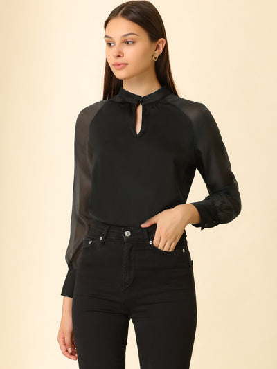 Long Sleeve Keyhole Neck Sheer Satin Blouse