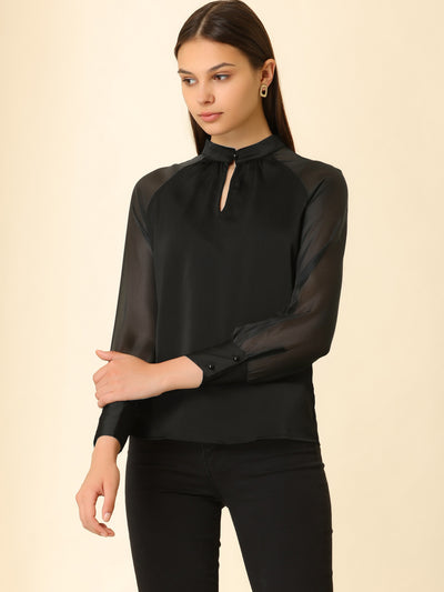 Long Sleeve Keyhole Neck Sheer Satin Blouse