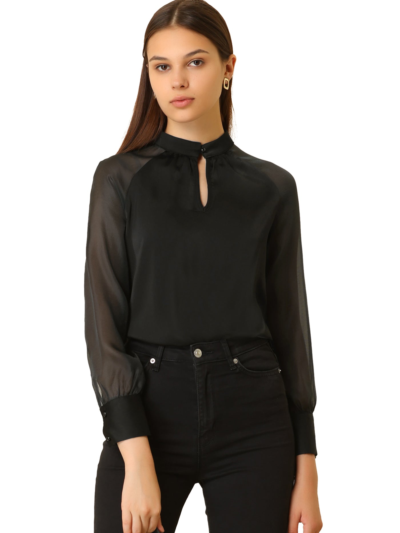 Allegra K Long Sleeve Keyhole Neck Sheer Satin Blouse