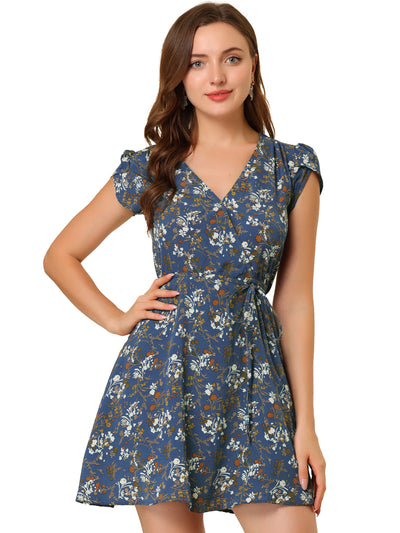 Boho Crossover V Neck Petal Sleeve Belted Floral Flowy Dress