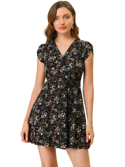 Boho Crossover V Neck Petal Sleeve Belted Floral Flowy Dress