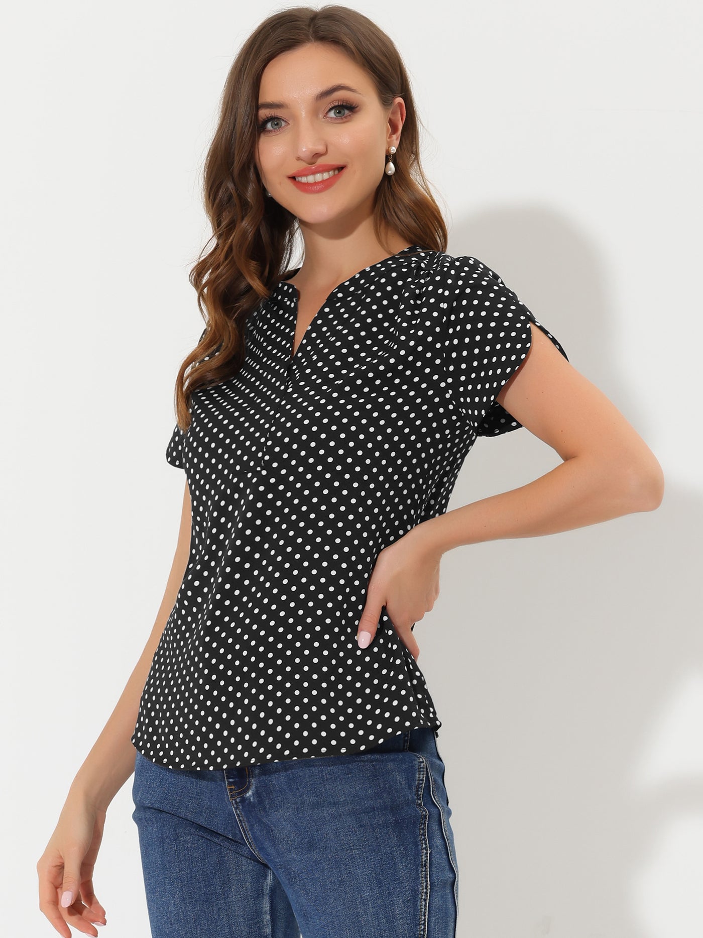 Allegra K Polka Dots Print V Neck Short Sleeve Elegant Work Office Tops