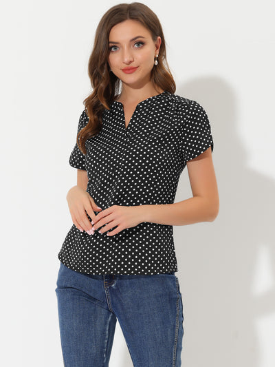 Polka Dots Print V Neck Short Sleeve Elegant Work Office Tops