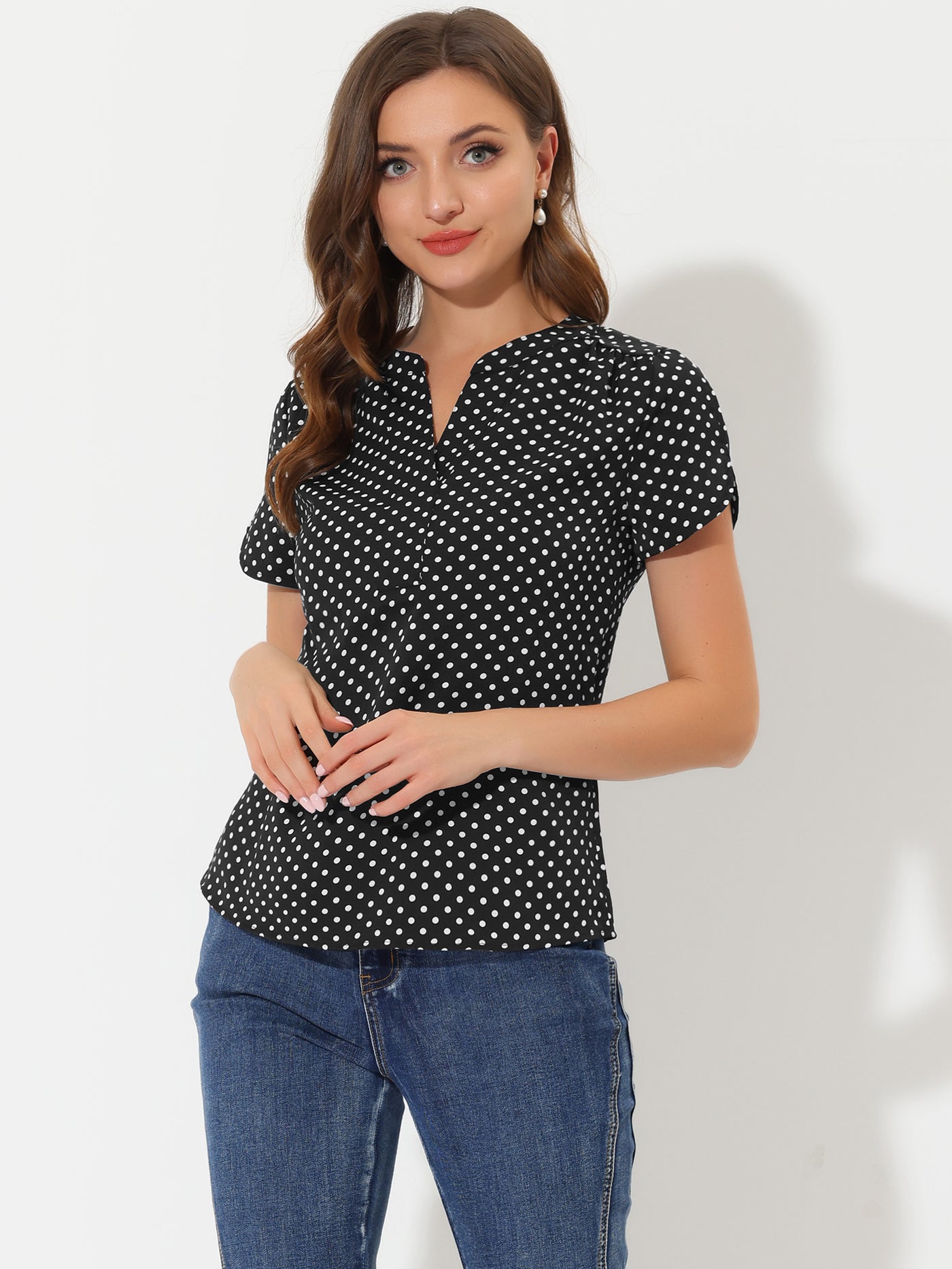 Allegra K Polka Dots Print V Neck Short Sleeve Elegant Work Office Tops