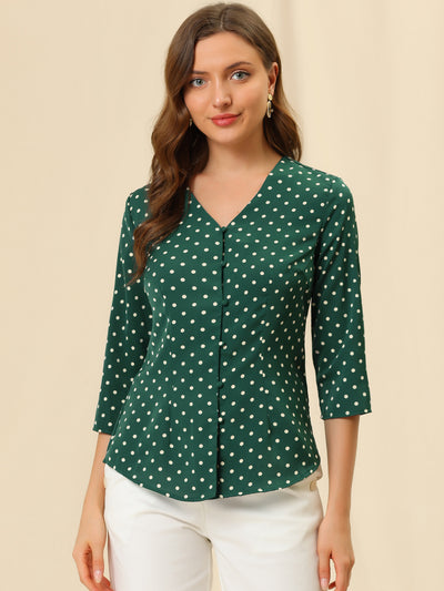 Polka Dots 3/4 Sleeve Button Front Vintage Office Blouse Top