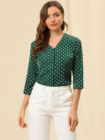 Polka Dots 3/4 Sleeve Button Front Vintage Office Blouse Top