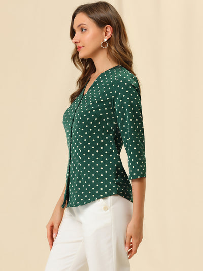 Polka Dots 3/4 Sleeve Button Front Vintage Office Blouse Top