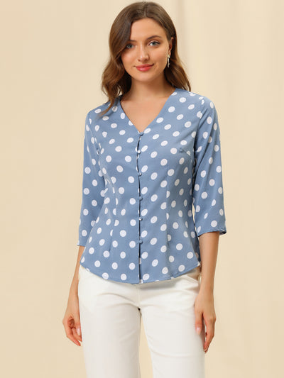 Polka Dots 3/4 Sleeve Button Front Vintage Office Blouse Top