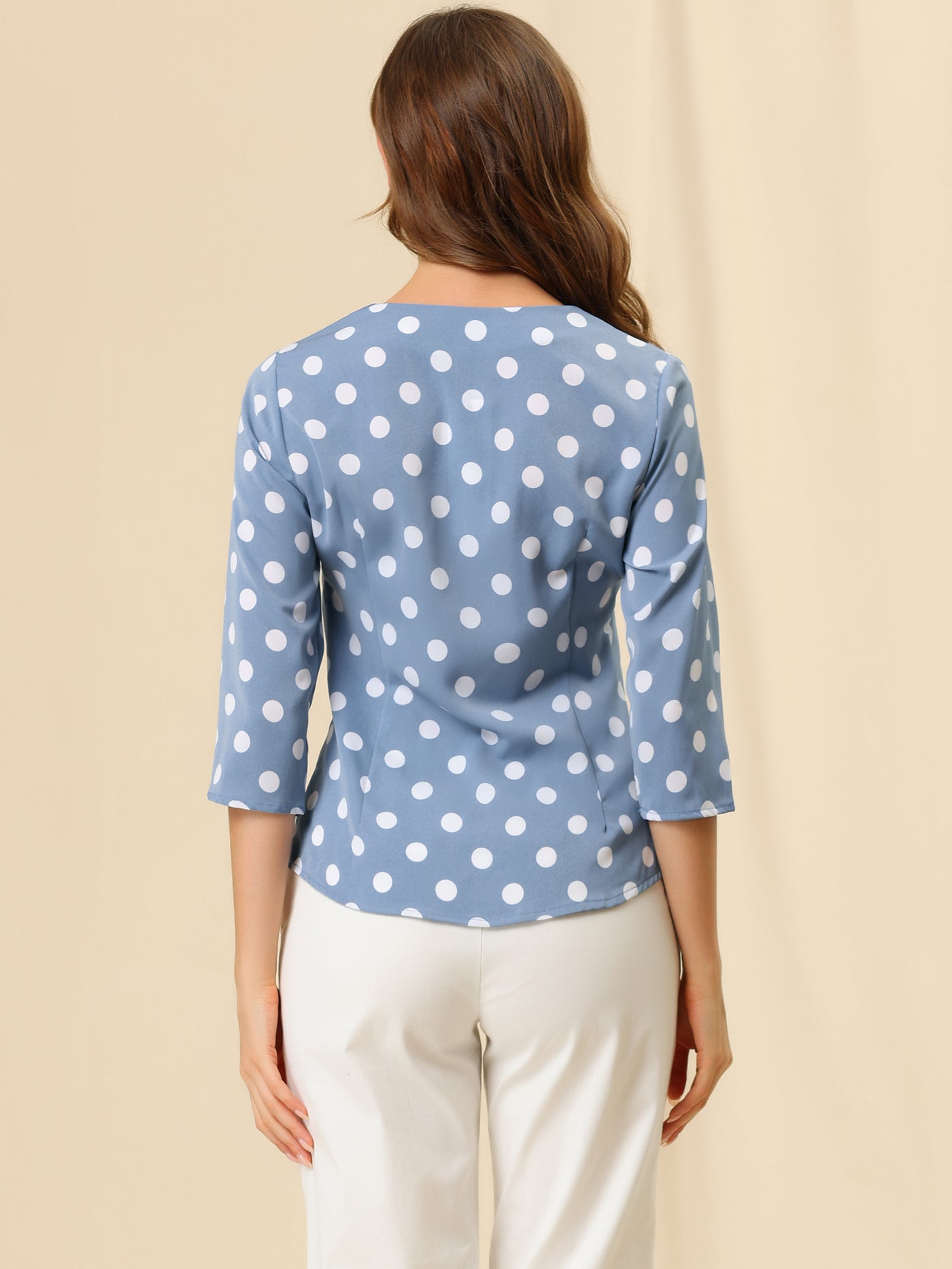 Allegra K Polka Dots 3/4 Sleeve Button Front Vintage Office Blouse Top