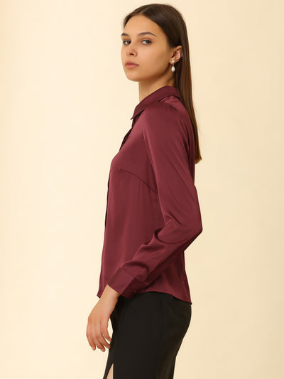 Satin Classic Collared Professional Long Sleeve Button-up Shirt