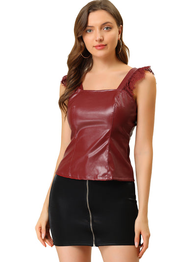 Lace Trim Party Faux Leather PU Tank Top