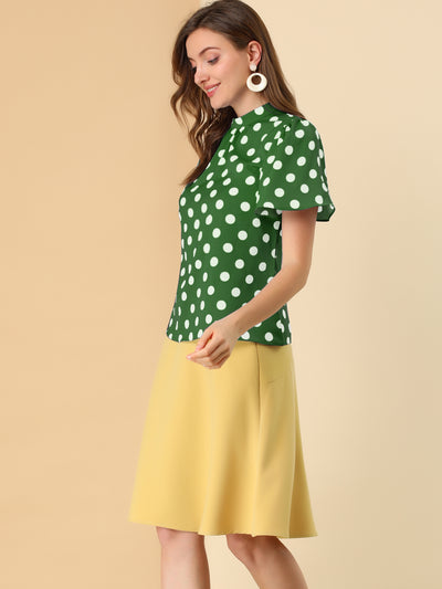 Polka Dots Stand Collar Pleat Keyhole Short Flare Sleeve Blouse